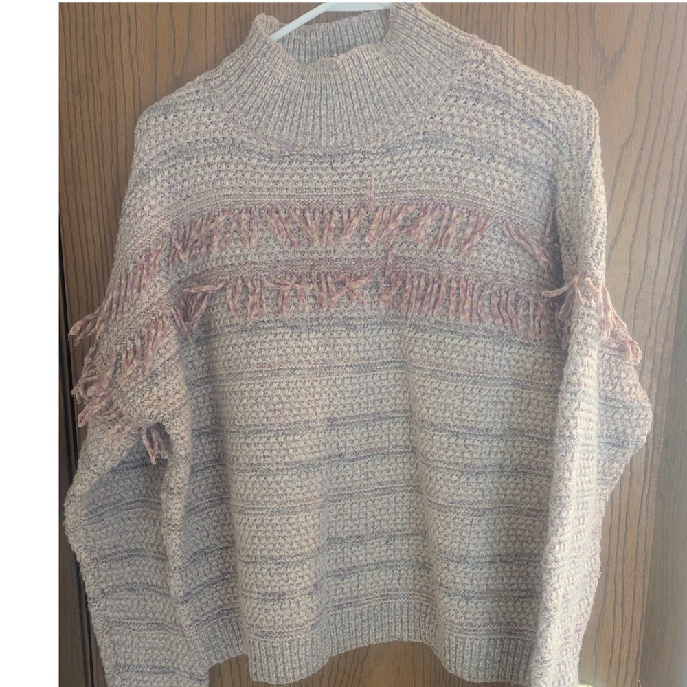 LOFT Mock Neck Fringe Marled Knit Sweater Pink Purple Cream Boho Cowgirl Size L